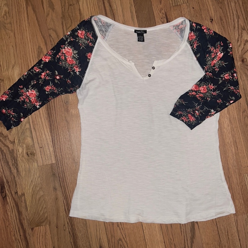 Rue21 White Henley with Floral Navy Raglan Sleeves